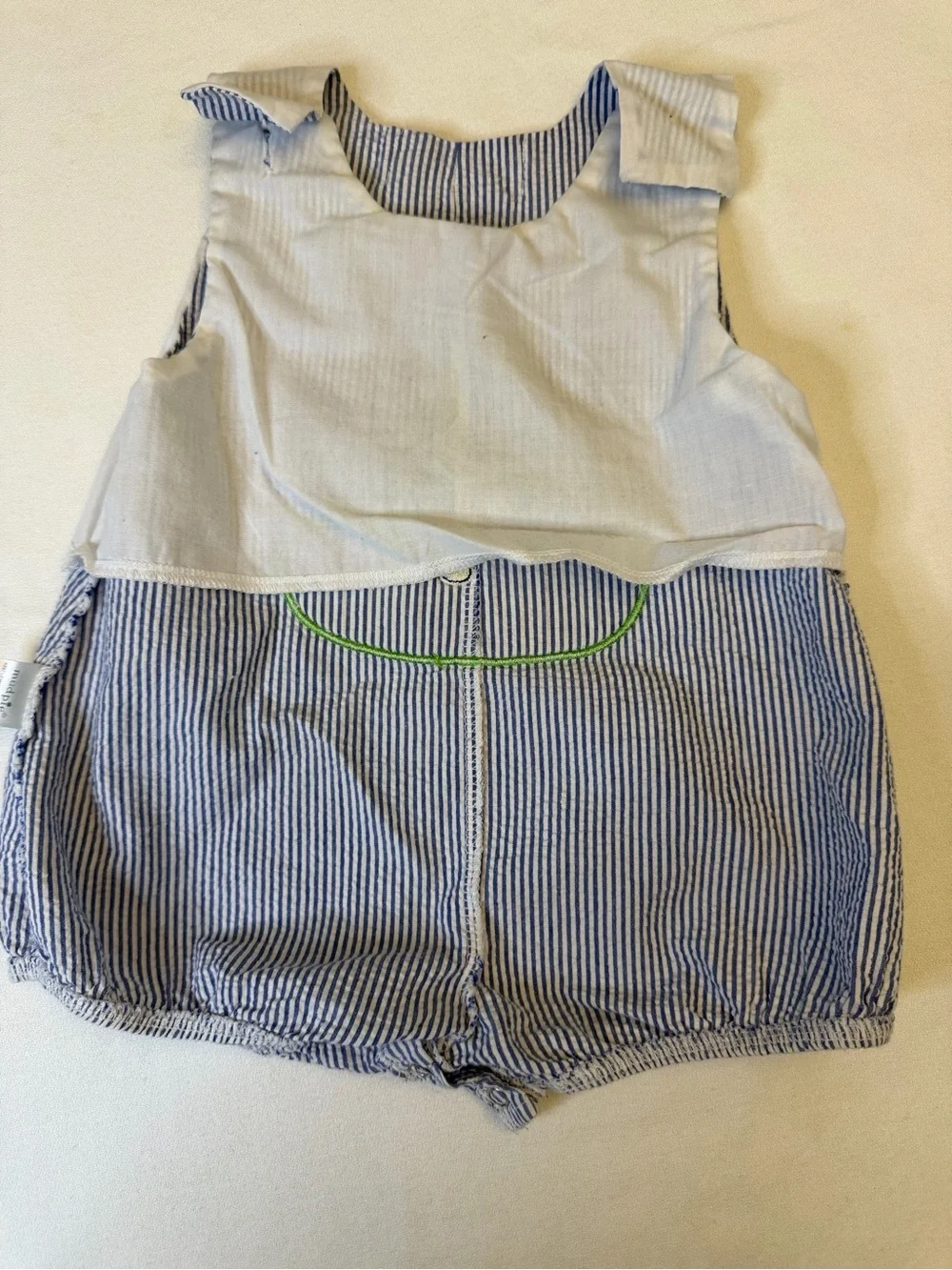 Mudpie Baby Golf Bubble Romper 0-6M Seersucker Blue Stripe Applique VGUC